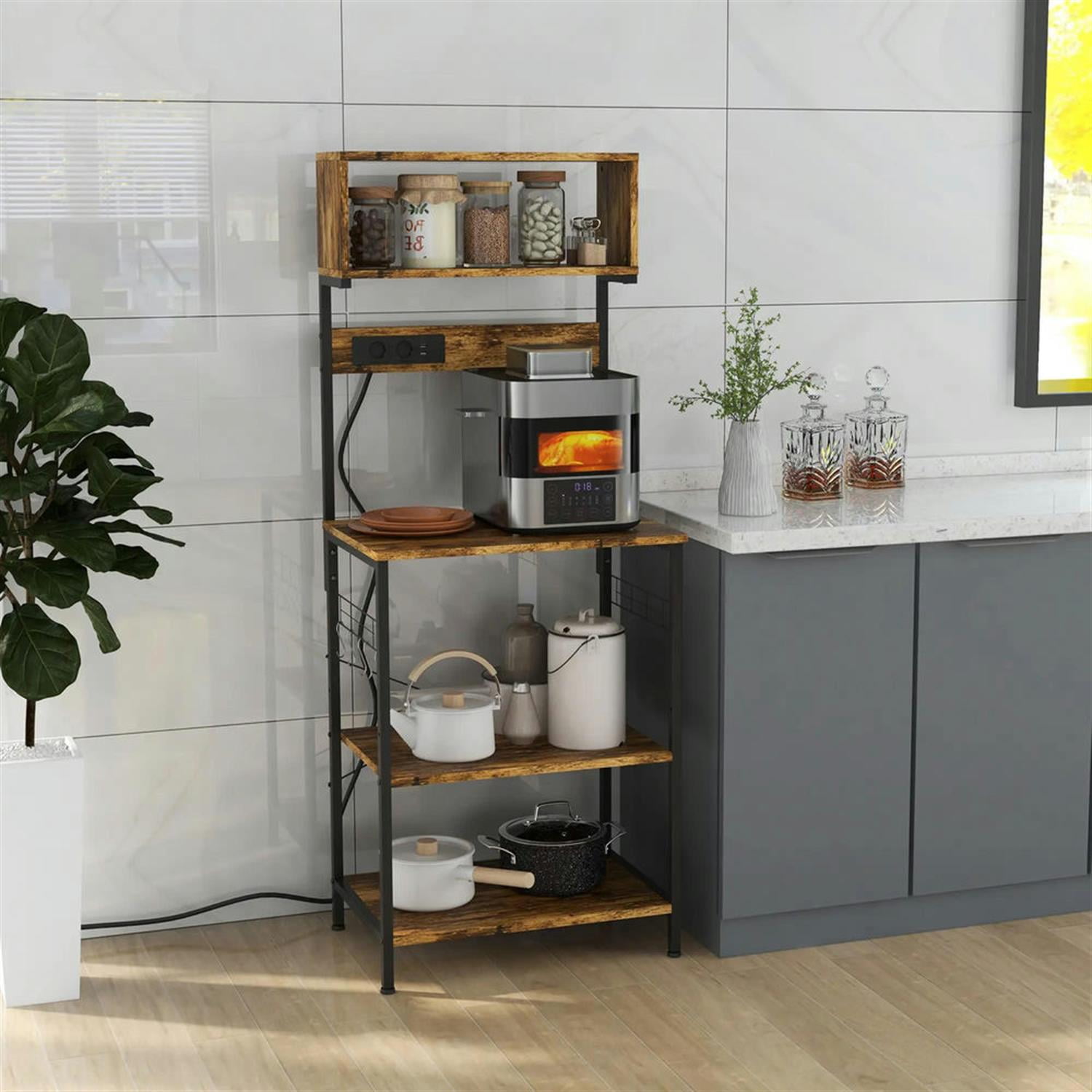 Demi Bonn 4 Tier Kitchen Island Bakers Rack with Power Outlet, USB Charger, Microwave Stand with Adjustable Shelves, 5 Hooks for Dining Room, Brown