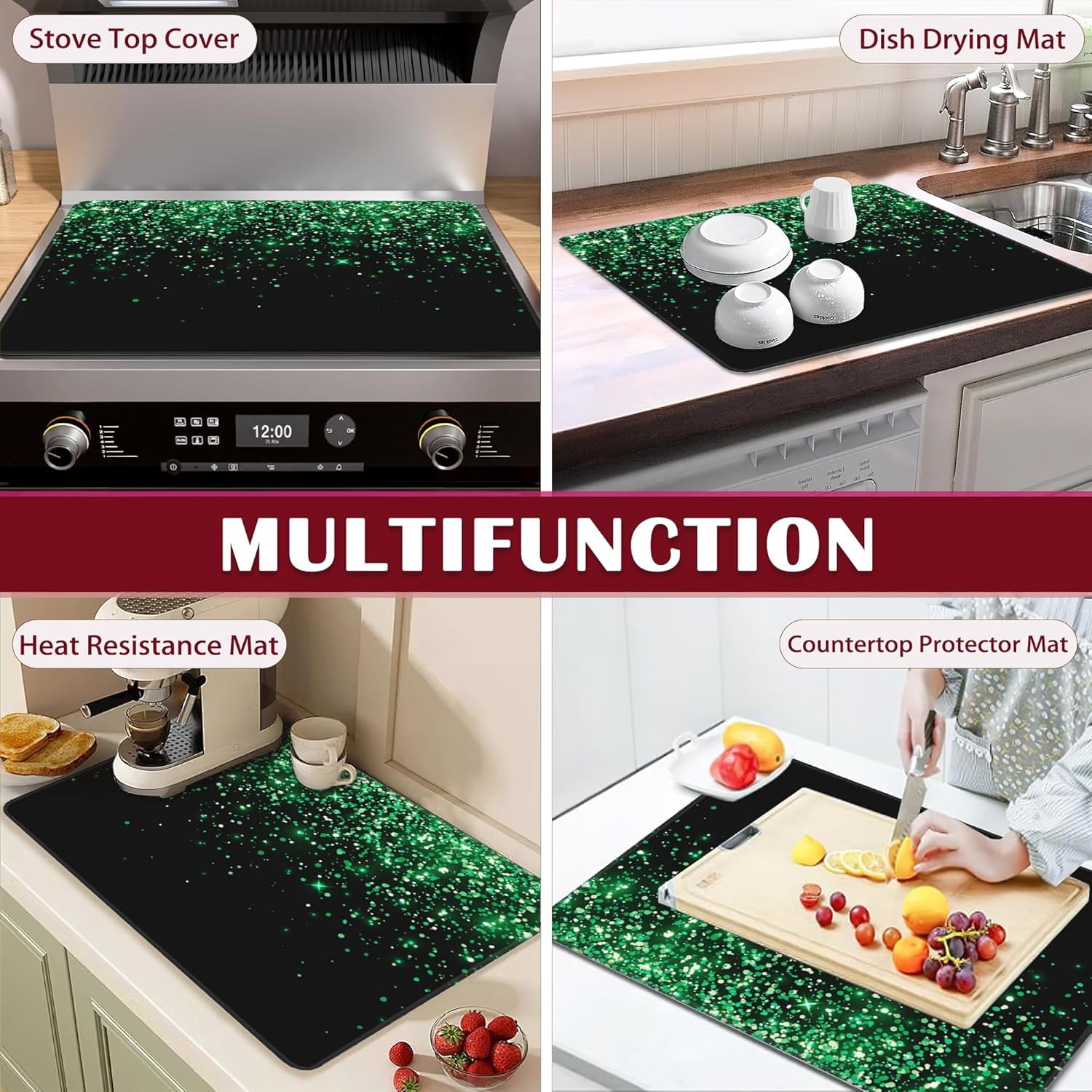 Green Glitter Stove Top Cover for Electric, Glass Ceramic Stove Cover, Heat Resistant Flat Stovetop Protector, Dish Drying Mats for Kitchen
