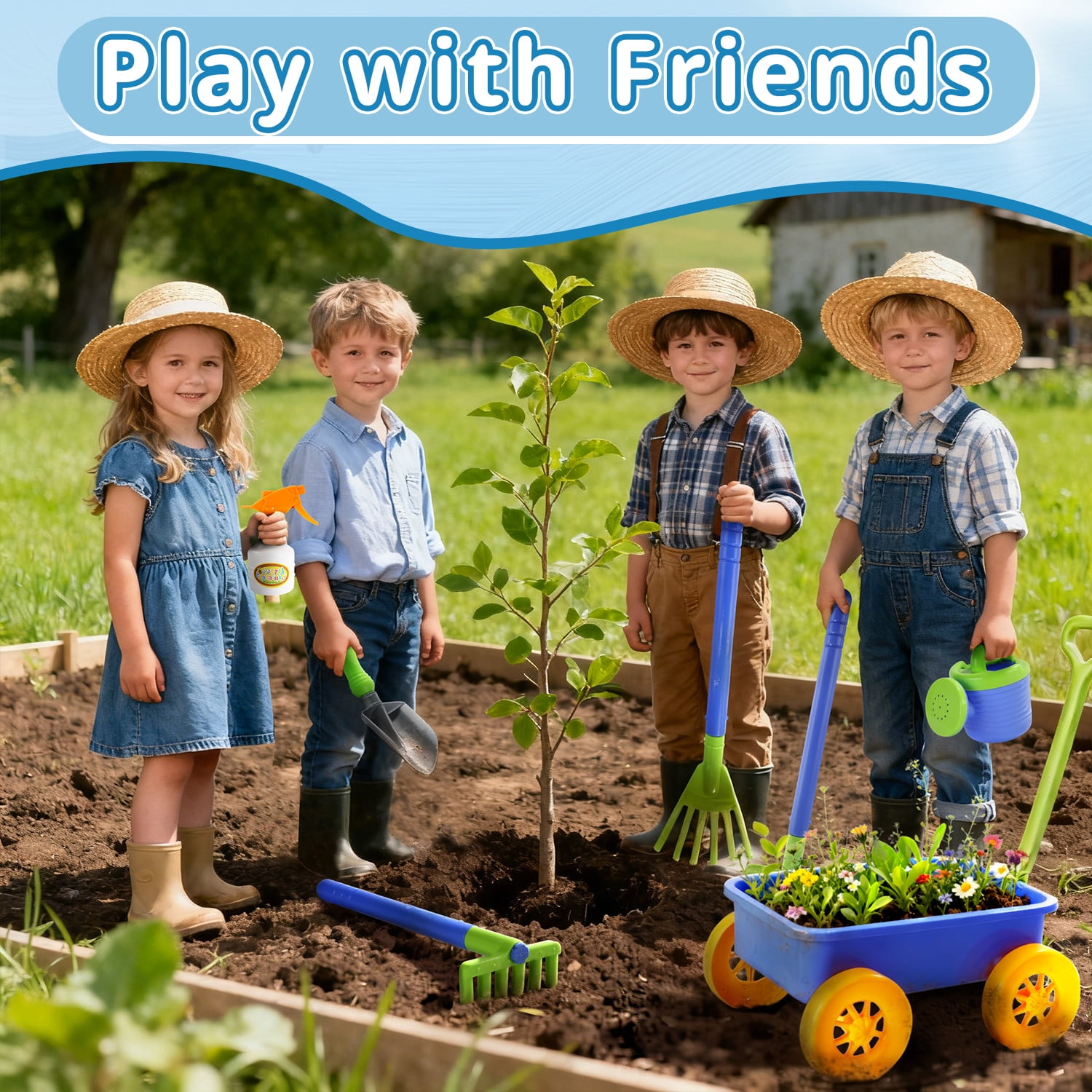 JoyStone Kids Gardening Tools Set, 15 PCS Plastic Gardening Set Include Child Safe Rake Shovel with Apron Gloves Watering Can Outdoor Toys Gift for Boys and Girls