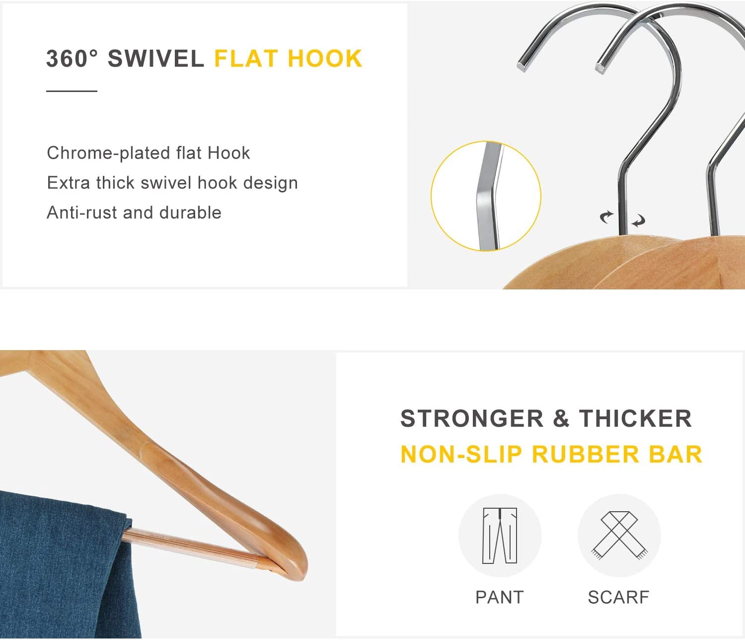 White Wooden Coat Hanger 6 Pack, Wood Suit Hangers,Glossy Finish with Extra-Wide Shoulder, Thicker White Hooks & Anti-Slip Bar,Suitable for Coat, Suit,Dress,Jacket,Heavy Cloth