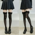 thumbnail image 2 of Women Lolita Fishnet Thigh High Socks Japanese Style Heart Striped Lace Patterned Ruffled Over Knee Long Stockings, 2 of 16