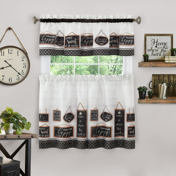 Achim Modern Farmhouse Polyester Light Filtering Tier and Valance Window Curtain Set, Black, 58" x 24"