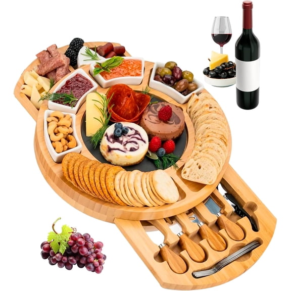 Tabla de Quesos Bluelander, Juego de Tablas y Cuchillos, Cuencos y Tenedores, Diseño Circular, Bambú