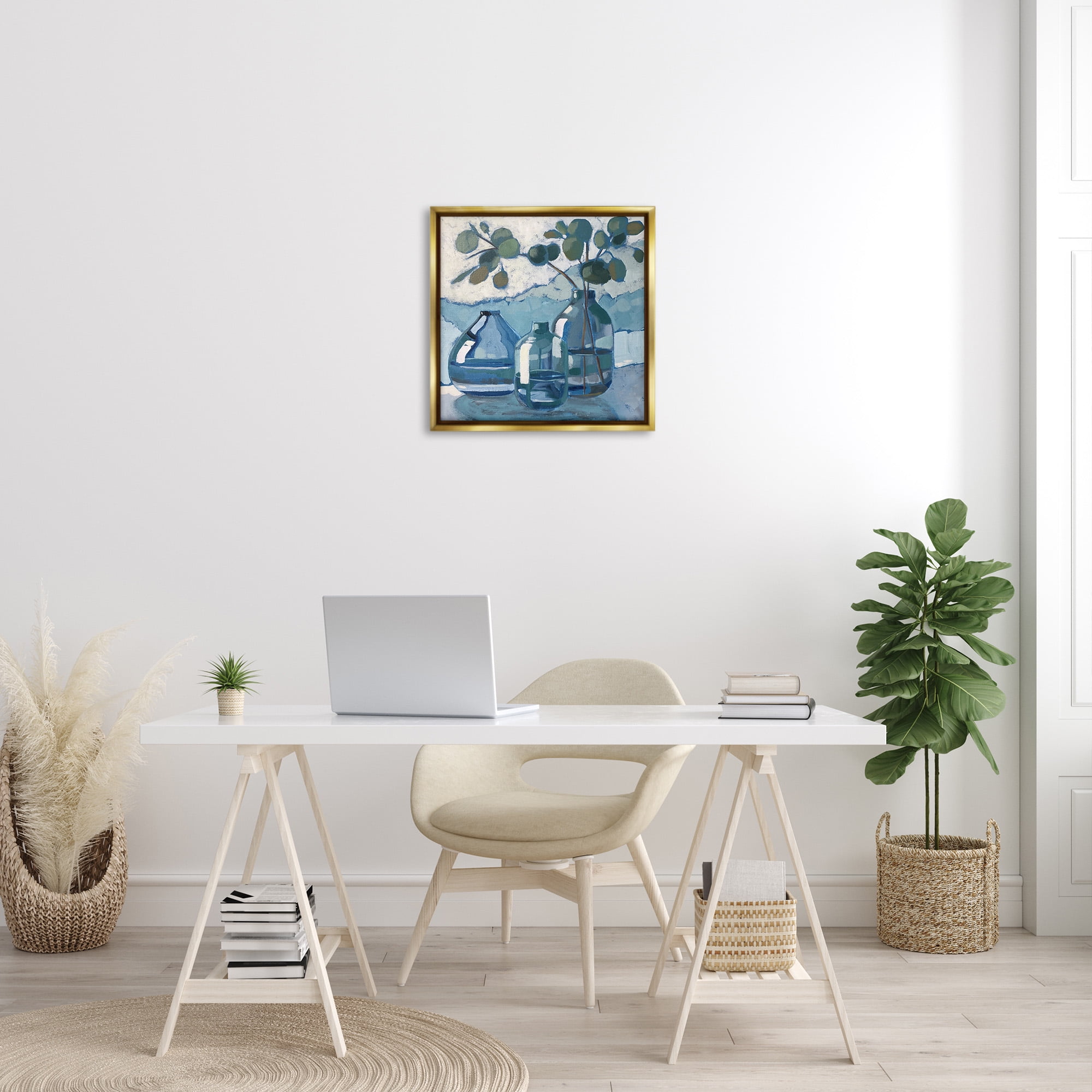 Stupell Industries Soothing Eucalyptus Ikebana Vases Botanical & Floral Painting Gold Floater Framed Canvas Art Print Wall Art, 25 x 25