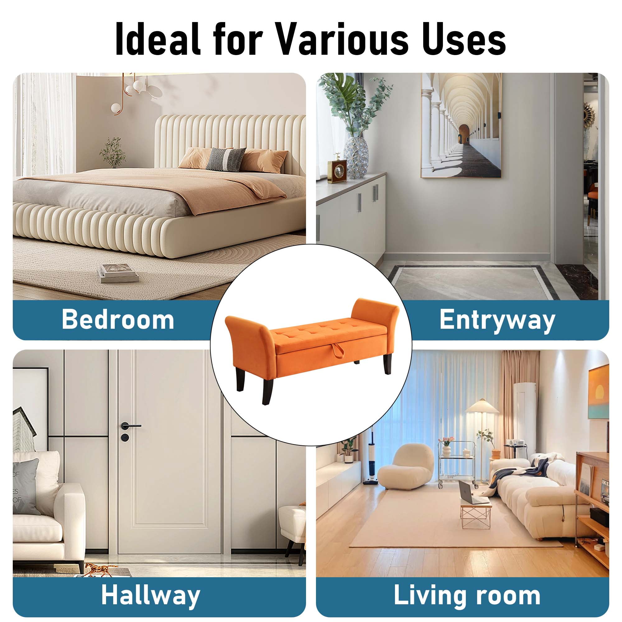 Aukfa End of Bed Bench with Curved Arms, 51.5" Velvet Tufted Upholstered Storage Ottoman Entryway Bench - Orange