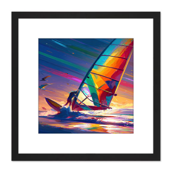 Windsurfer Windsurfing Retro Vibrant Multicoloured Bright Watercolour Water Sport Square Wooden Framed Wall Art Print Picture 8X8 Inch