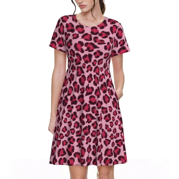 Defioc Rose Leopard Print Pattern Womens Summer Dresses Short Sleeve Sundress 2025 Beach Vacation Dresses with Pockets -Small