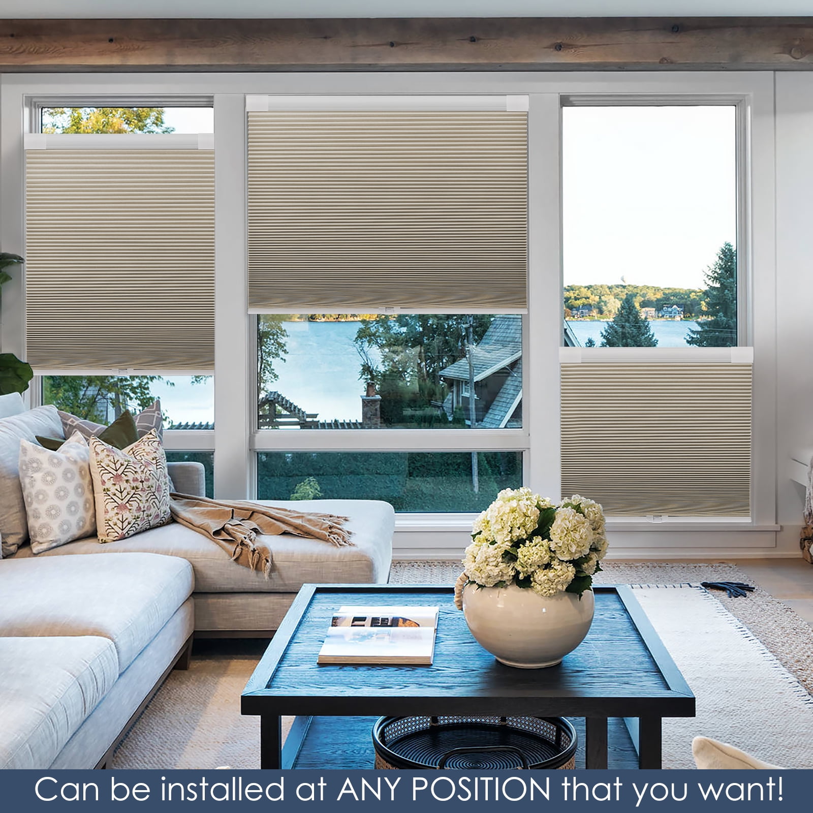 Keego No Drilling Cordless Cellular Shades Honeycomb Window Blinds Easy Installation Heat Insulating Noise Reducing Curtains Blackout Bisque, 51.0"w x 36"h