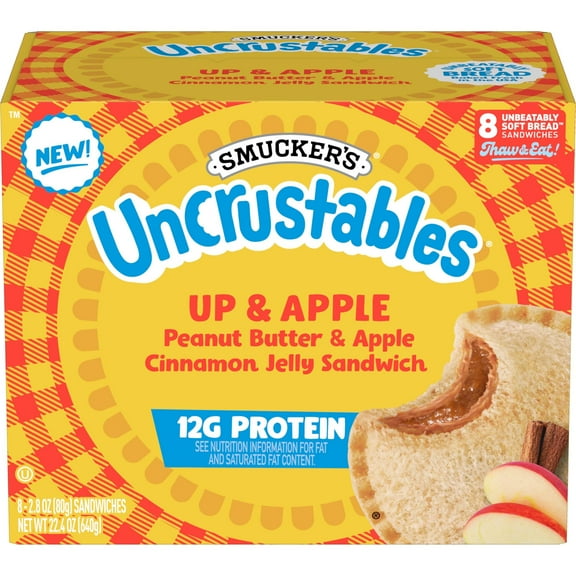 Smucker’s Uncrustables Up & Apple Morning Protein Snacks, Peanut Butter & Apple Cinnamon Jelly Sandwiches on Wheat Bread, 8 Count, 2.8 oz Each (Frozen)