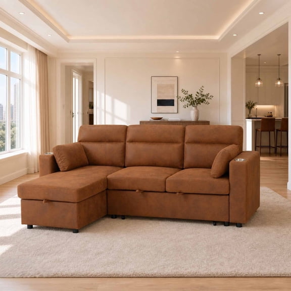 Muumblus 82" Convertible Sectional Sofa Bed with Cup Holders, Storage Chaise, L-Shaped Sofa Sleeper Couch Bed for Living Room, Brown Faux Leather