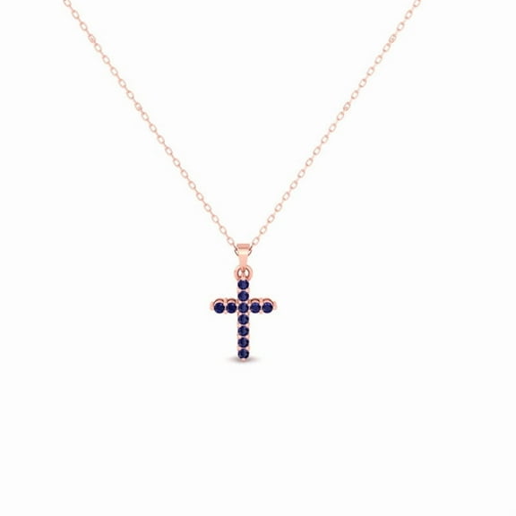 Pure Elegance Christian Cross Round Blue Sapphire Stone 925 Silver 14K Rose Gold Over Pendant Necklace For Women