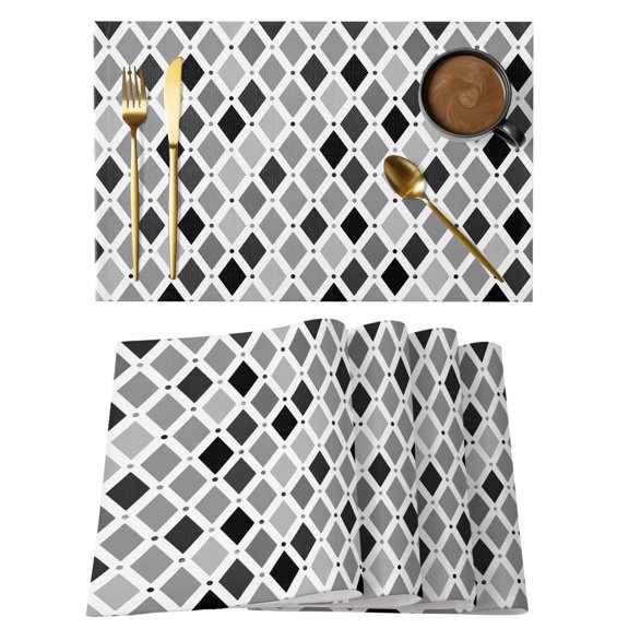 Modern Black Grey Argyle Placemats Set of 12, Minimalist Geometric Checkered Art Non-Slip Place Mats Washable Table Mats for Kitchen Dining Table Decorations Indoor/Outdoor