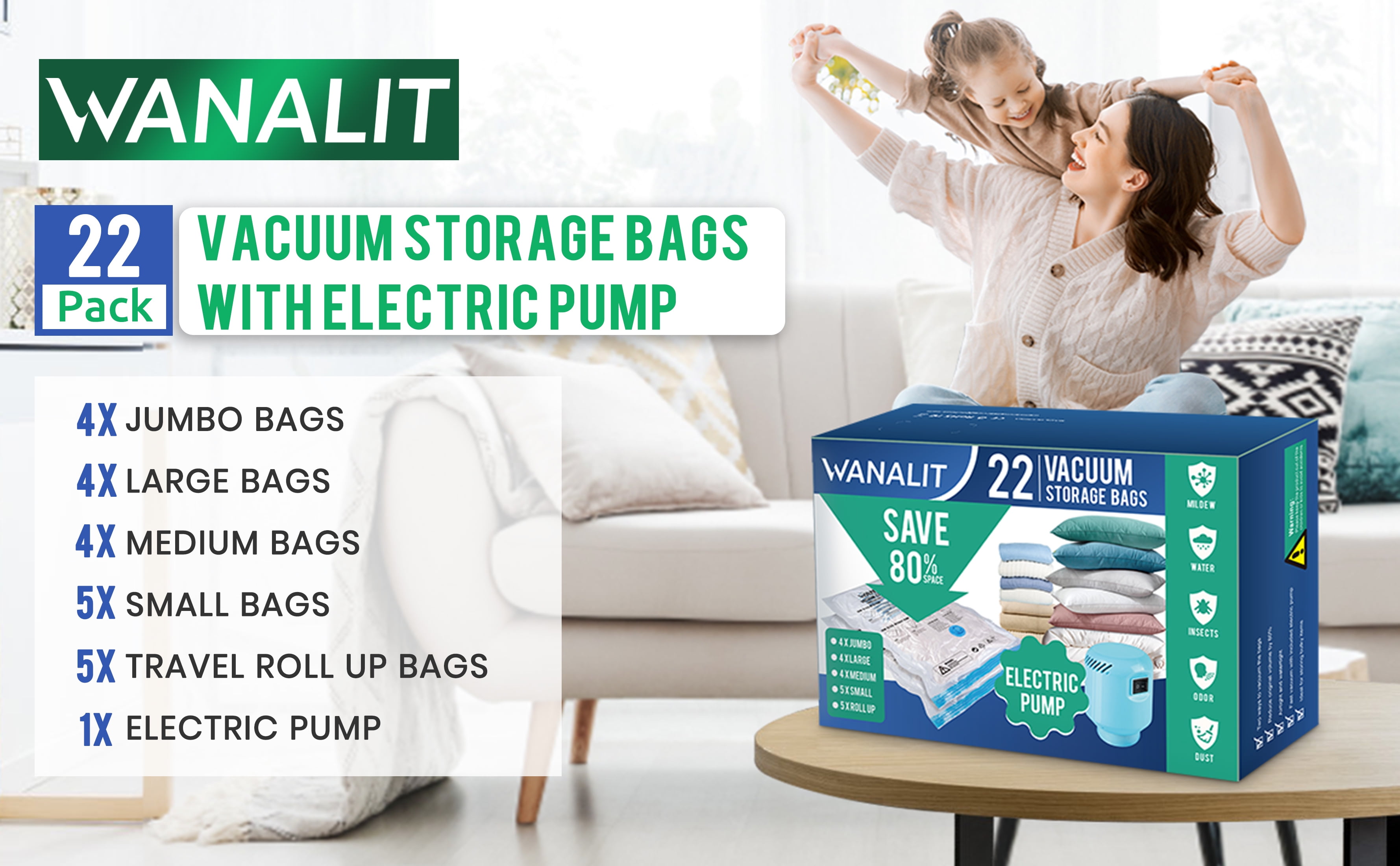 WANALIT Vacuum Storage Bags with Electric Pump, 10 Pack Large Size（32x  22） Reusable Compression Space Saving Bag for Clothes, Bedding, Mattress