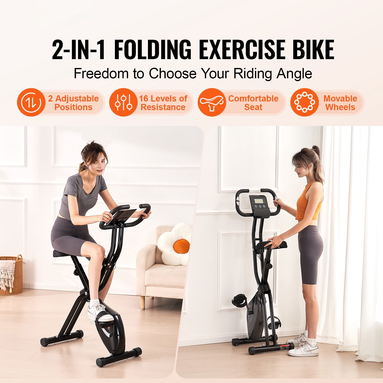 KFFKFF Collapsible Workout Bicycle, Adjustable Resistance Home Gym Bike, Upright Indoor Exercise Cycle with Comfort Seat, LCD Display for Fitness Training