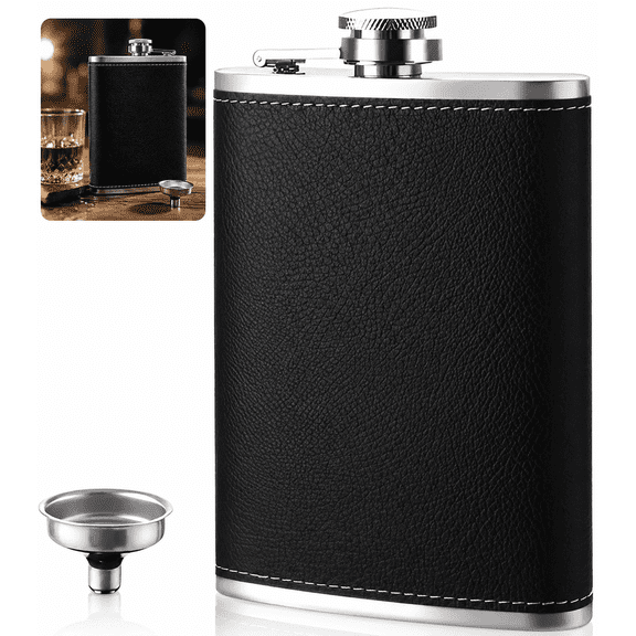 8 Oz Hip Flask for Liquor, Stainless Steel Leakproof Flask with Funnel, Leather Wrapped Pocket Flask for Men and Women, Portable Whiskey Flask