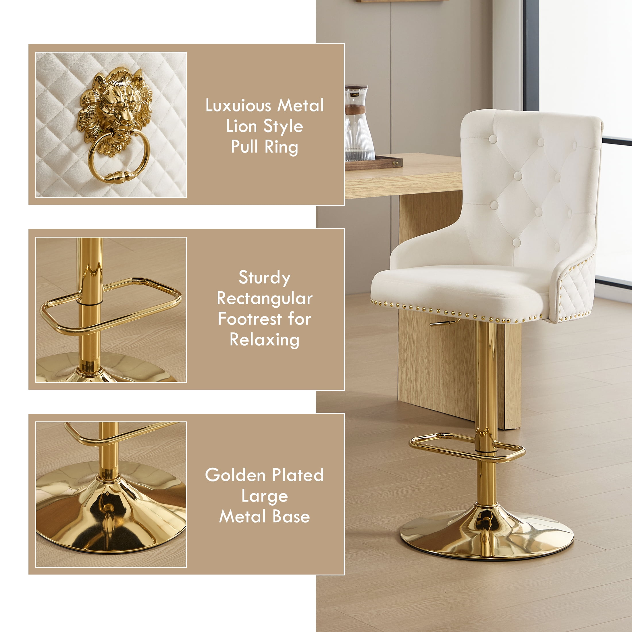 Velvet Gold Bar Stools Set of 4 Modern Counter Height Bar Stools with Lion Pull Ring Tufted Back, Nailhead Upholstered Barstools for Home Kitchen Island, Swivel Adjustable Stool Chair in Cream