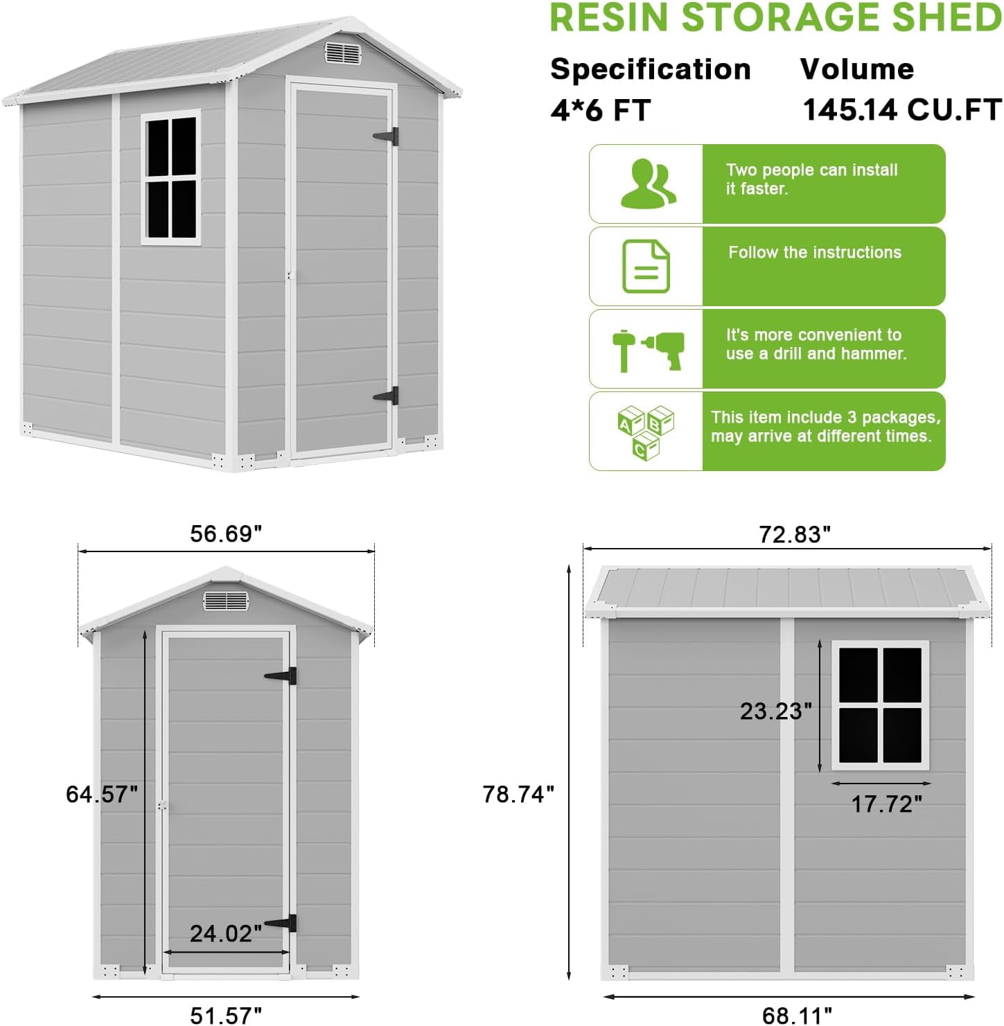 4x6 FT Outdoor Storage Shed,Resin Storage Shed with Floor, Window, Vent, Rainwater Drainage & Lockable Door - All-Weather Garden House for Backyard, Garden,Poolside,Bike,Lawn Mower,Patio Furniture