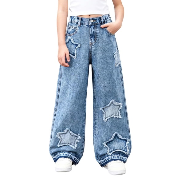 Tiijoy Big Girls Wide Leg Denim Jeans Star Embroidery Elastic Waist Pants, Sizes 8-9