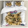 thumbnail image 1 of Cat Duvet Cover Set Queen Size, Hand Drawn Boho Style Cat Image Ink Sketch Animal With Colorful Feathers Illustration, Decorative 3 Piece Bedding Set with 2 Pillow Shams, Multicolor, by Ambesonne, 1 of 3