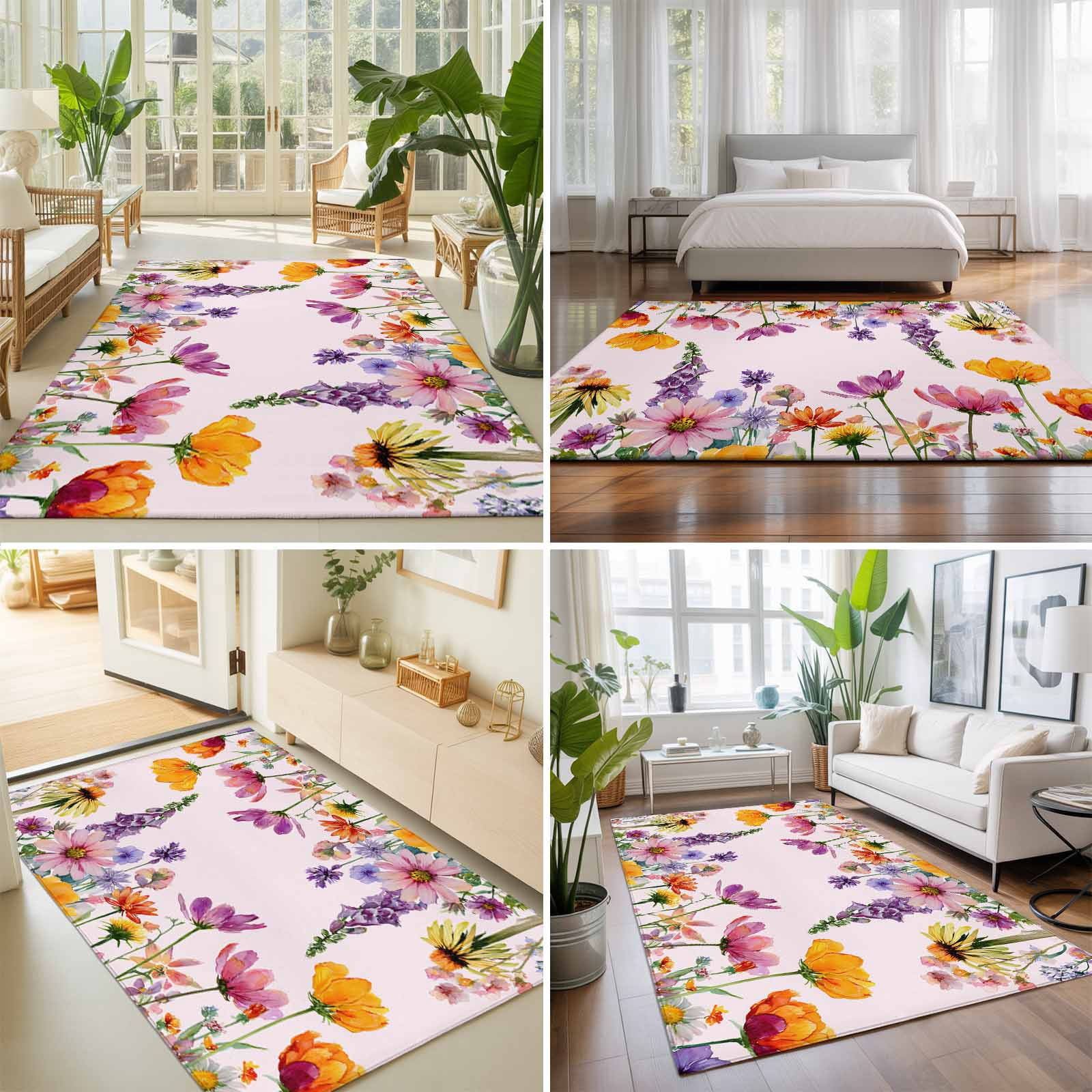 Area Rugs 4'x6'. Pink Spring Floral Carpet Runner Indoor Outdoor Rugs Home Decor Aesthetic, Elegant Pastoral Flowers Daisy Non Slip Mats Washable Accent Rug for Living Room Bedroom