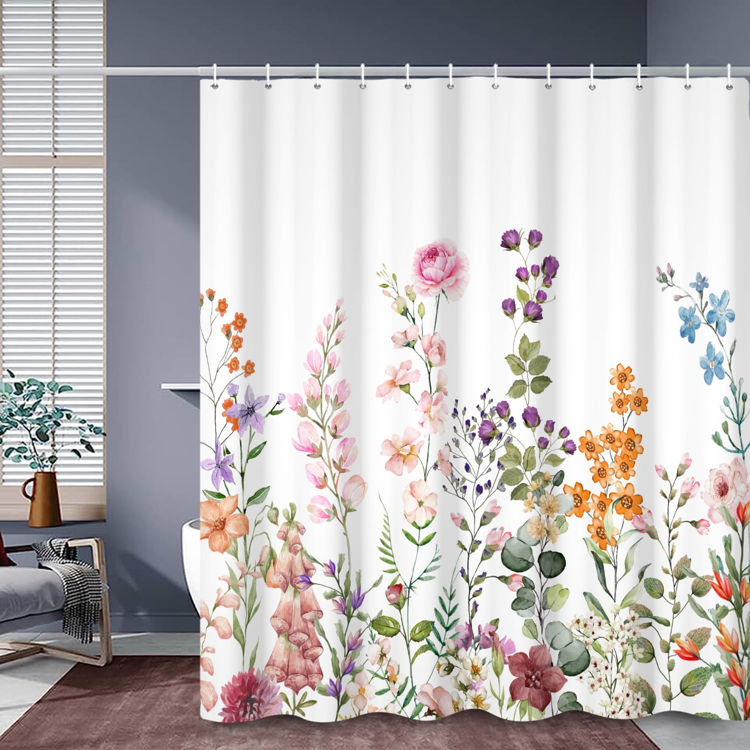 SUNOLIFE Floral Plants Shower Curtain,Spring Botanical Flowers Waterproof Fabric Bathroom Curtain with Hooks,72x78 in