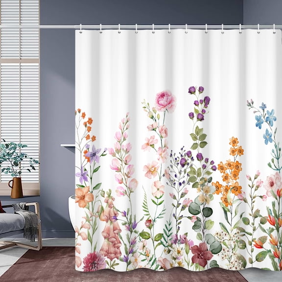 SUNOLIFE Spring Floral Shower Curtain,Colorful Flowers Waterproof Fabric Bathroom Curtain with Hooks,72"W x 72"L