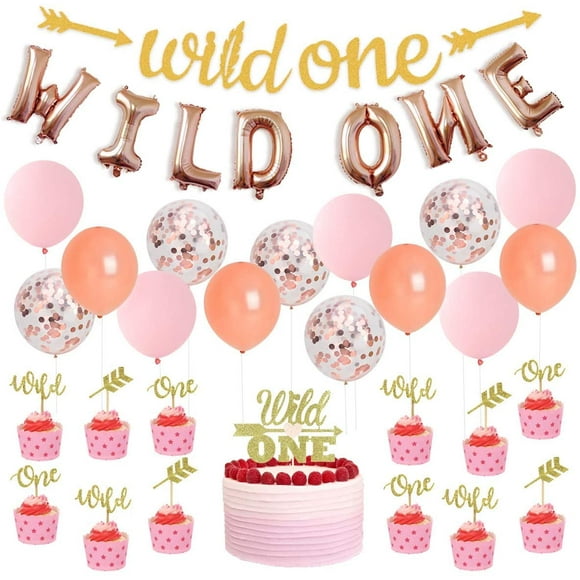 Wild One Birthday Decorations, Baby Gril First Birthday Party Supplies, Wild One Balloon Banner and Cake Toppers for Girl 1st Birthday Decor Pink and Rose Gold