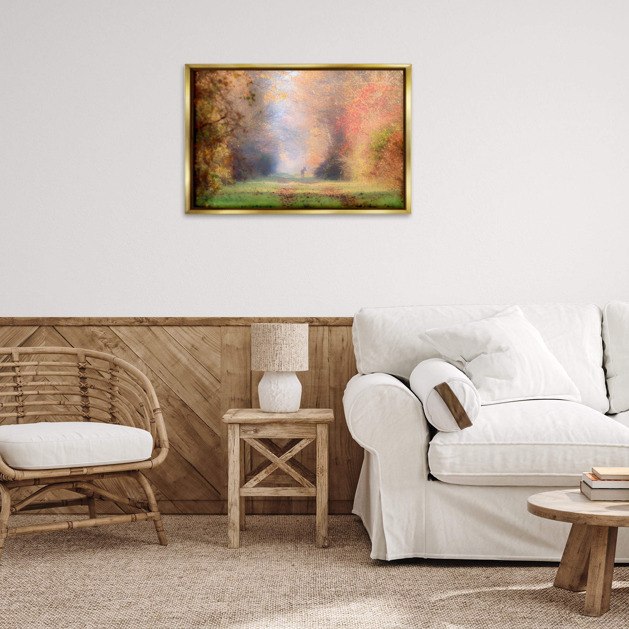 Stupell Industries Foggy Autumnal Forest Landscape & Nature Photography Gold Floater Framed Canvas Art Print Wall Art, 31 x 21