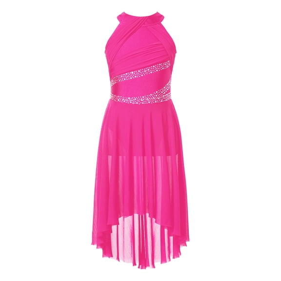 zdhoor Girls Rhinestone Lyrical Dance Dress Irregular Hem Ballet Modern Contemporary Ruched Leotard Dress Hot Pink 10