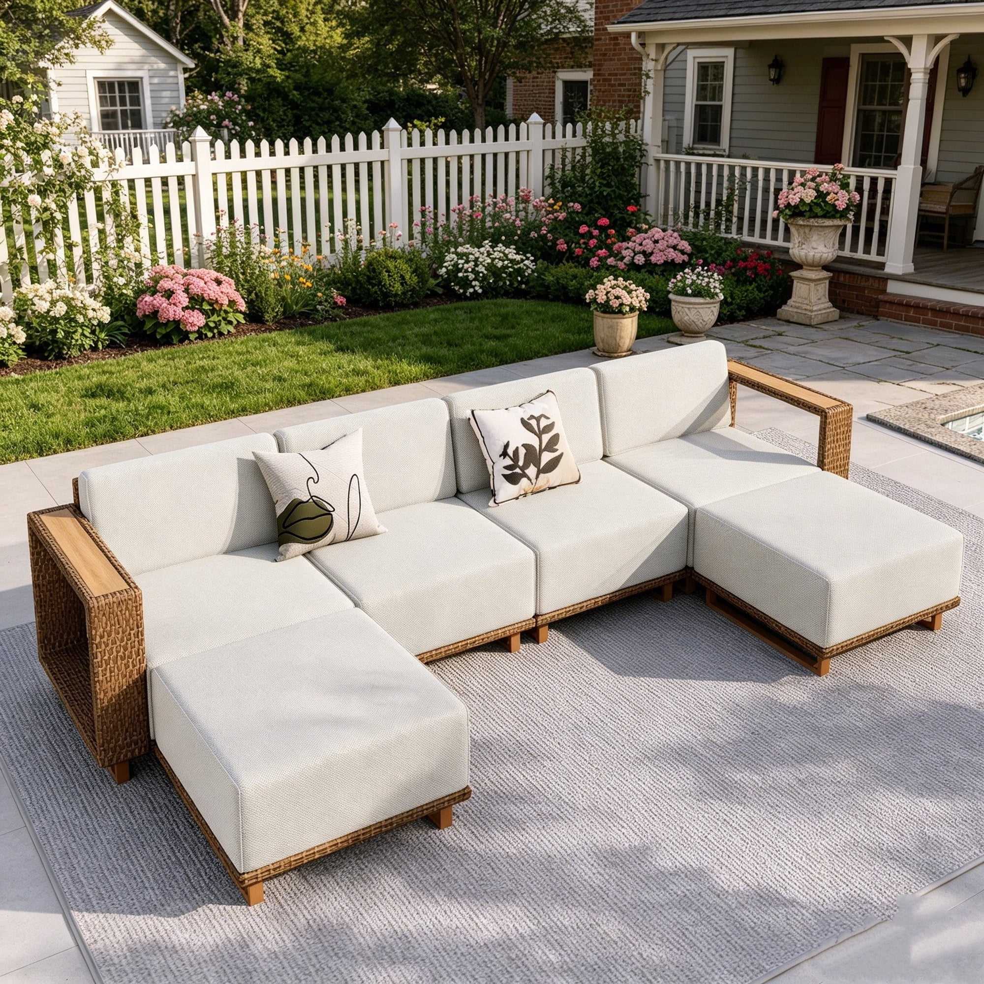 SUMMIT LIVING All Weather Outdoor Sectional Conversation Set, 6-Piece Wicker Patio Furniture Set with Ultra Thick 9.8" Seat Cushions for Yard & Garden, Beige