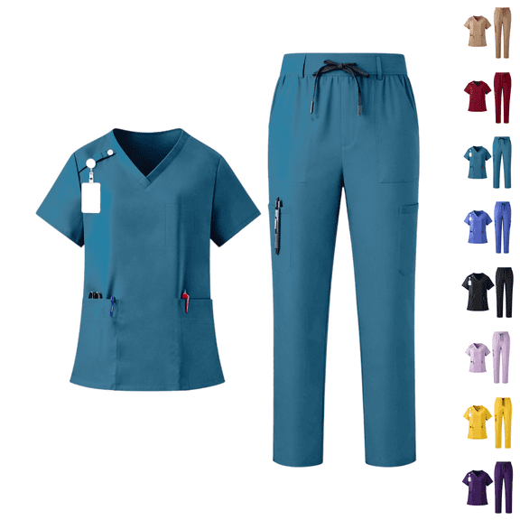Women's Solid Stretch Medical Uniform Scrub Set V Neck Top Cargo Straight Leg Jogger Pants Royal Blue S
