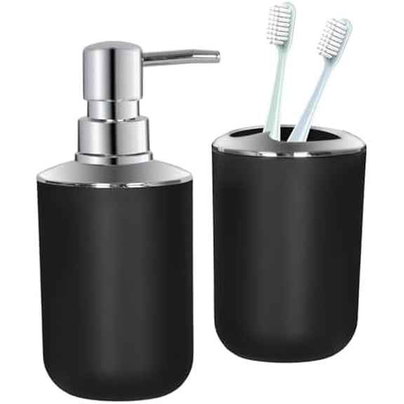 Black Bathroom Accessories Set 2 PCS, Black Bathroom Accessories, Plastic Soap Dispenser and Toothbrush Holder Set, Boho Bathroom Decor, Bathroom Set