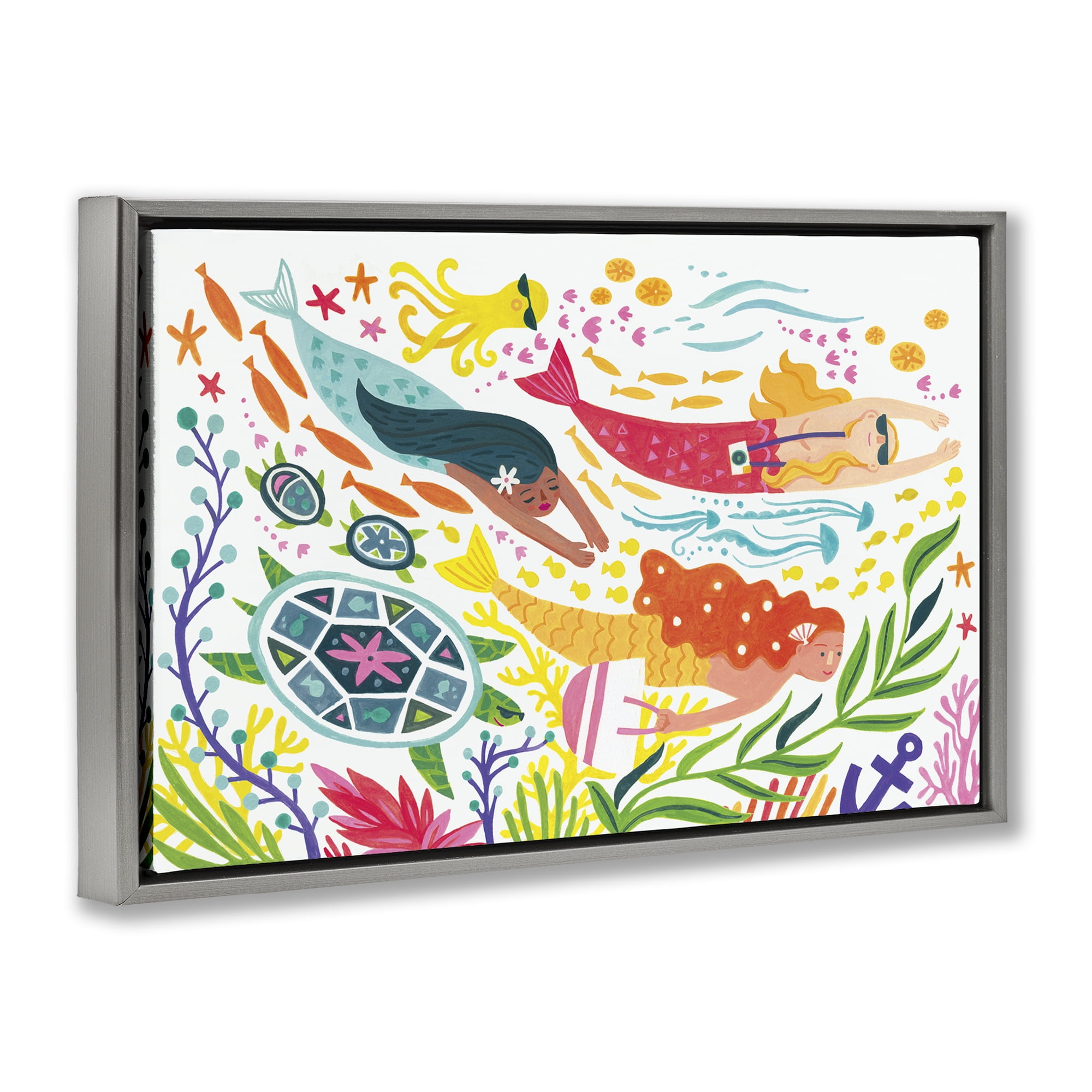 Stupell Industries Underwater Swimming Mermaids Fantasy & Sci-Fi Painting Gray Floater Framed Canvas Art Print Wall Art, 25 x 17