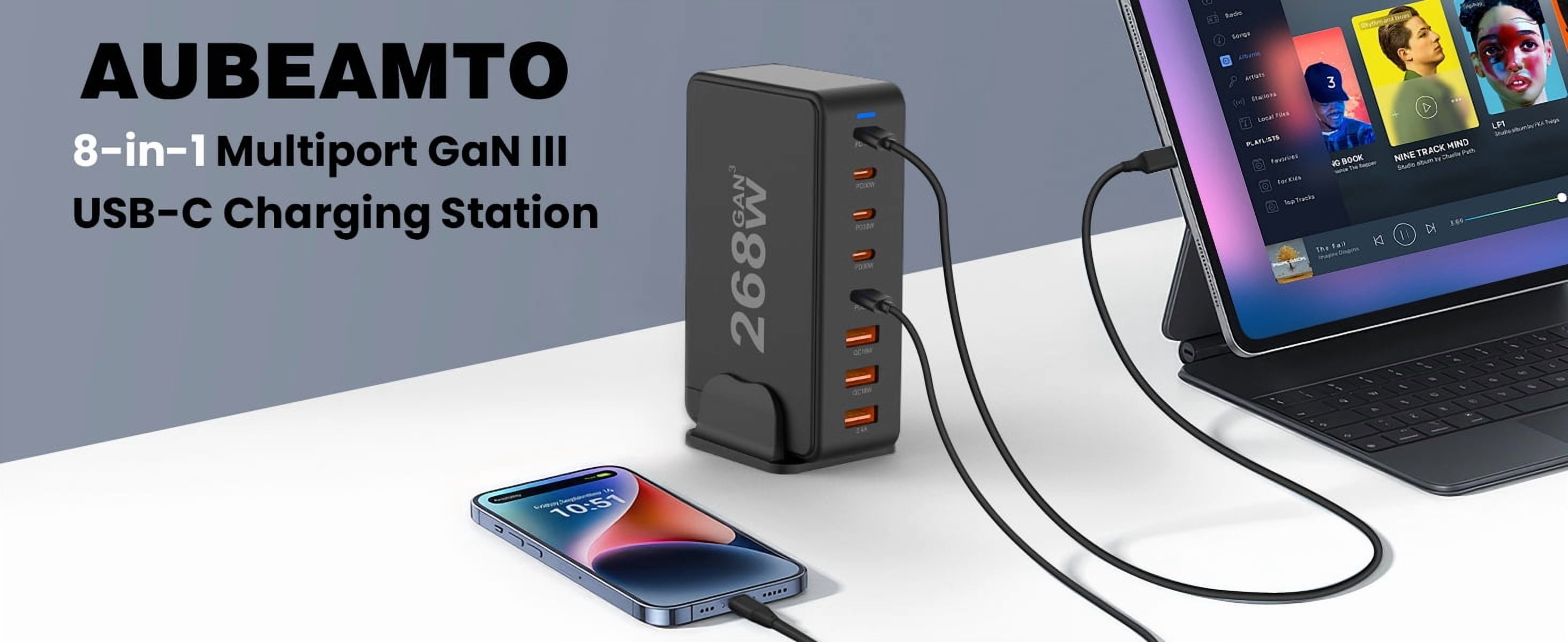 AUBEAMTO USB C Charger, 268W 8-Port Fast USB Charging Station with 5 USB-C + 3 USB-A, Portable Multiport USB C Wall Charger for iPhone 15-12 Series, iPad Pro, MacBook, Galaxy, Pixel, Switch, and More