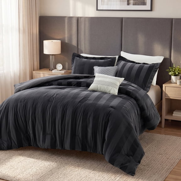 Regency Heights Queen Size Velvet Striped Comforter Set, 5-Piece Luxury Comforter Bed Set for All Seasons, Black Cozy Bedding Sets with Decor Pillows