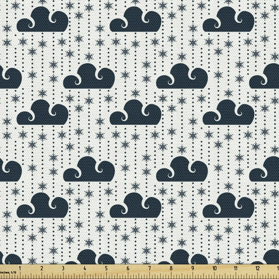 Cloud Fabric by the Yard, Rhythmic Vertical Cumulus Snowflakes Stars Pattern Plain Background, Decorative Upholstery Fabric for Chairs & Home Accents, 5 Yards, Petrol Blue Off White by Ambesonne