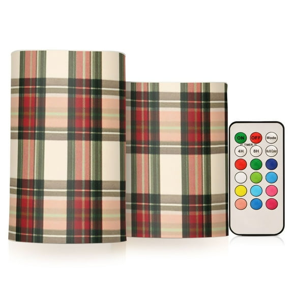 Plaid Pattern with Mixture Colors Flickering Flameless Candles LED Tealight Battery Operated with Remote Set of 2 Holiday Decor Ornaments