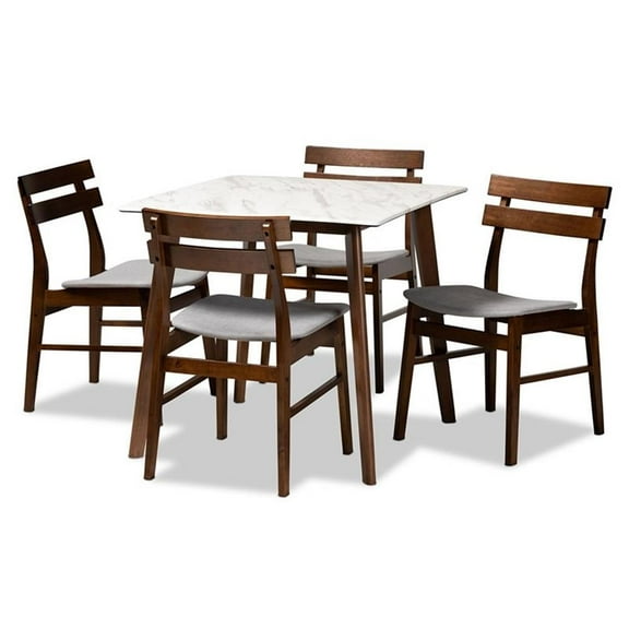Bowery Hill Brown Wood 5-Piece Dining Set with Faux Marble Dining Table