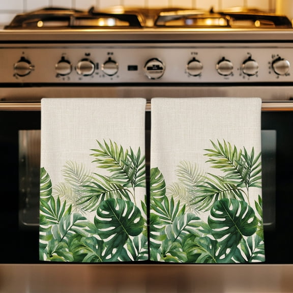 Tropical Plants Kitchen Towels Set of 4, Summer Monstera Green Palm Leaves on Linen Absorbent Dish Towels for Kitchen, Microfiber Hand Towel, Quick Drying Tea Towel for Cleaning Decorative Dishcloths