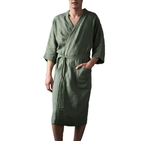 

Follure Pajama Sets for Men Short Sleeved Long Bathrobe Home Clothes Solid Color Linen Pajamas Robe Underwear