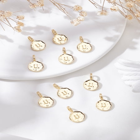 1set 10pcs Alloy Pendants Cadmium Free & Nickel Free & Lead Free Flat Round with Alphabet Real 18K golden Plated Letter U 17x11.5x1.5mm Hole: 2.5mm