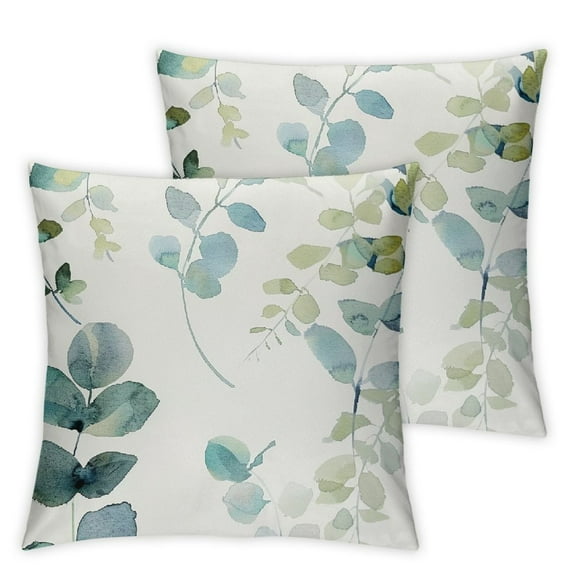 nygtbtfer Sage Green Pillow Covers  Eucalyptus Branches Floral Watercolor Decorative Green Leaf Print Throw Pillow for Home Sofa Seafoam Blue Green Gray Square Cushion Pillowscase, Set of 2 White