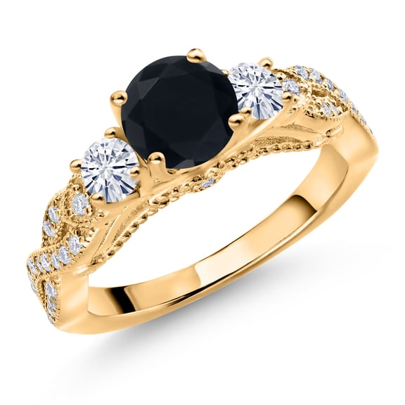 Gem Stone King 18K Yellow Gold Plated Silver Black Onyx and White Moissanite Engagement Ring for Women (1.27 Cttw, Gemstone December Birthstone, Round 6MM and 3MM, Size 5)