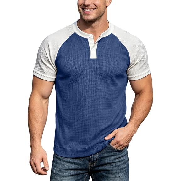 ZHOGXU Fashion Patchwork Short Sleeve O Neck Men's T Shirts With Button Comfortable Everyday Wear
