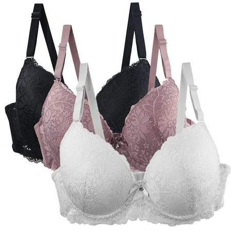 Tao Tao Womens Plus Size Bralettes Classic Full Coverage Bra Adjustable Strap Fashion Underwear Plunge V Neck Lace Bras 3PCS Multicolor 2XL