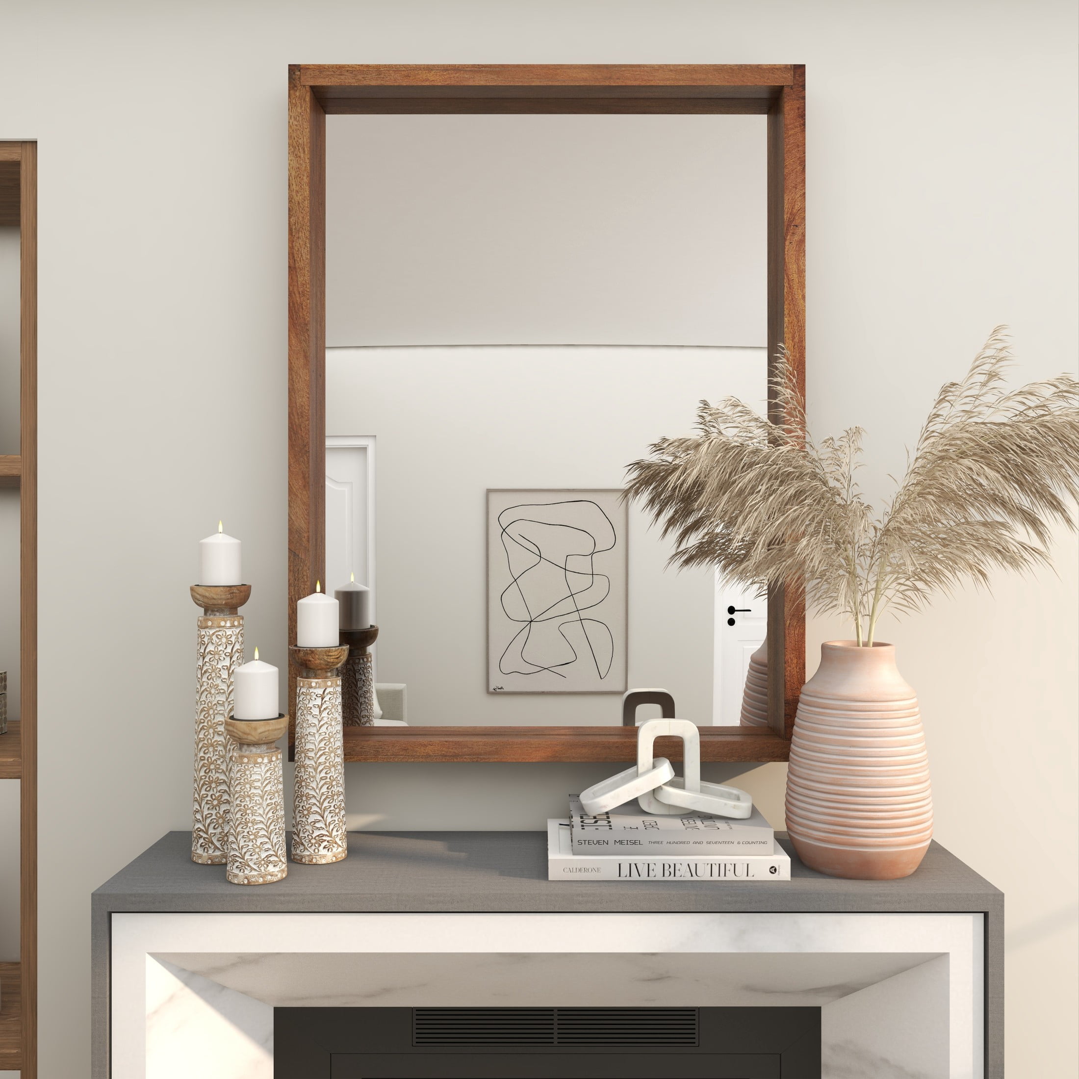 DecMode 36" x 48" Brown Wall Mirror with Natural Wood Grain and Deep Set Frame