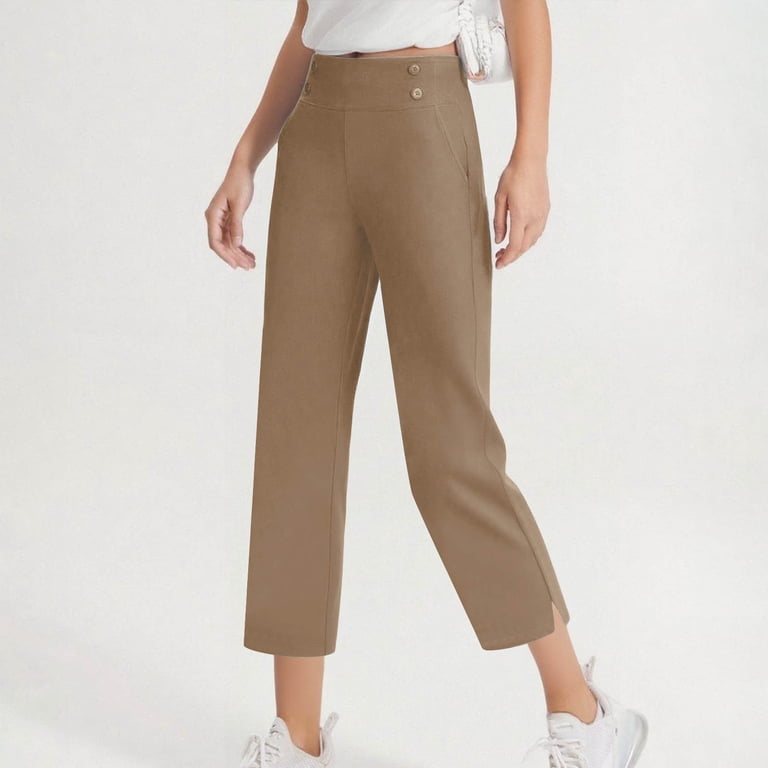 Ctreela Pull On Dress Pants Women Petite,High Waisted Straight Leg Work Pants Business Office Trousers with Pockets Slacks, Women's, Size: 2XL, Beige