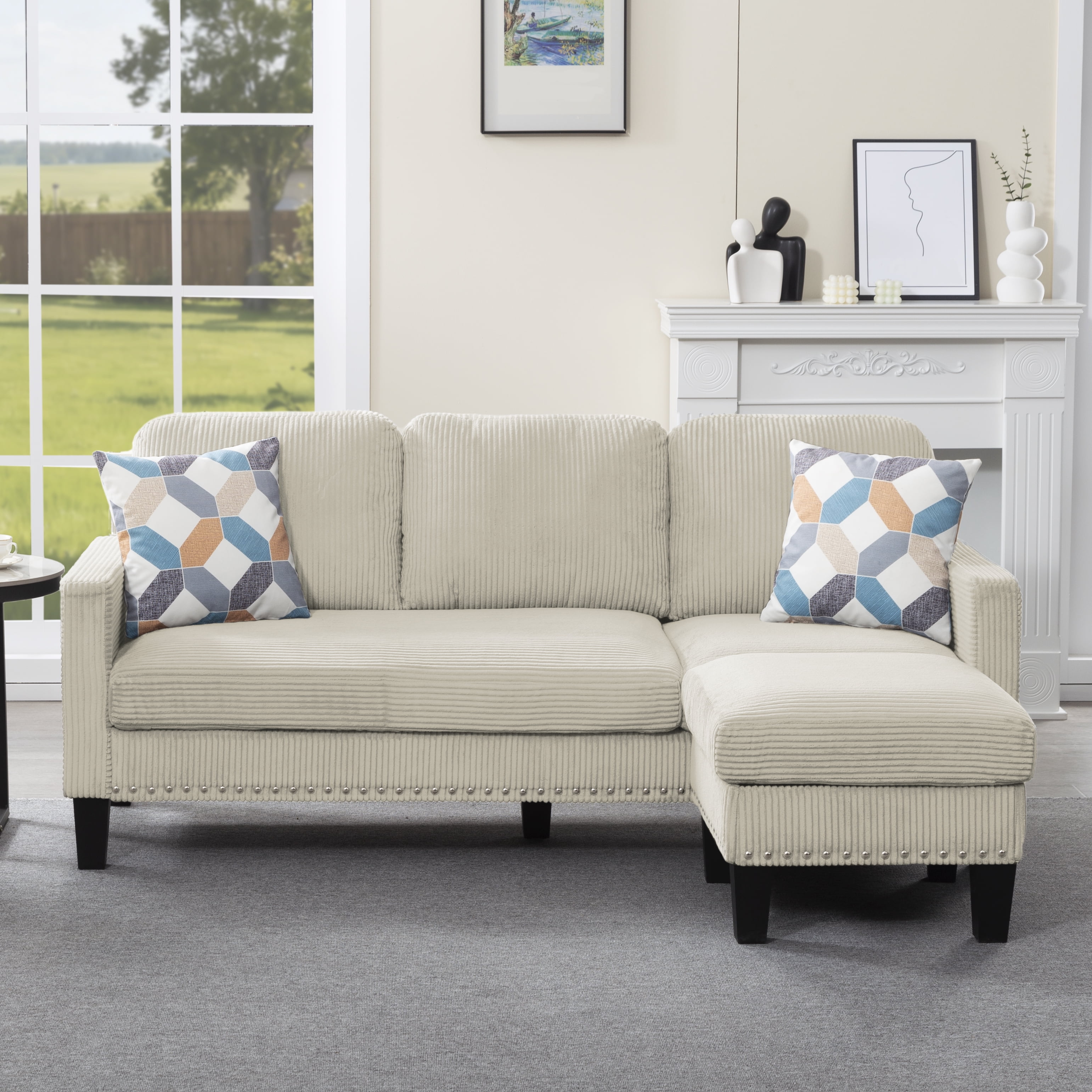 Gewnee 72.64"L-Shaped Sectional Sofa with Movable Ottoman,3-Seater Modern Reversible Chaise,Storage Pocket&Pillows,for Living Room,Office.Beige