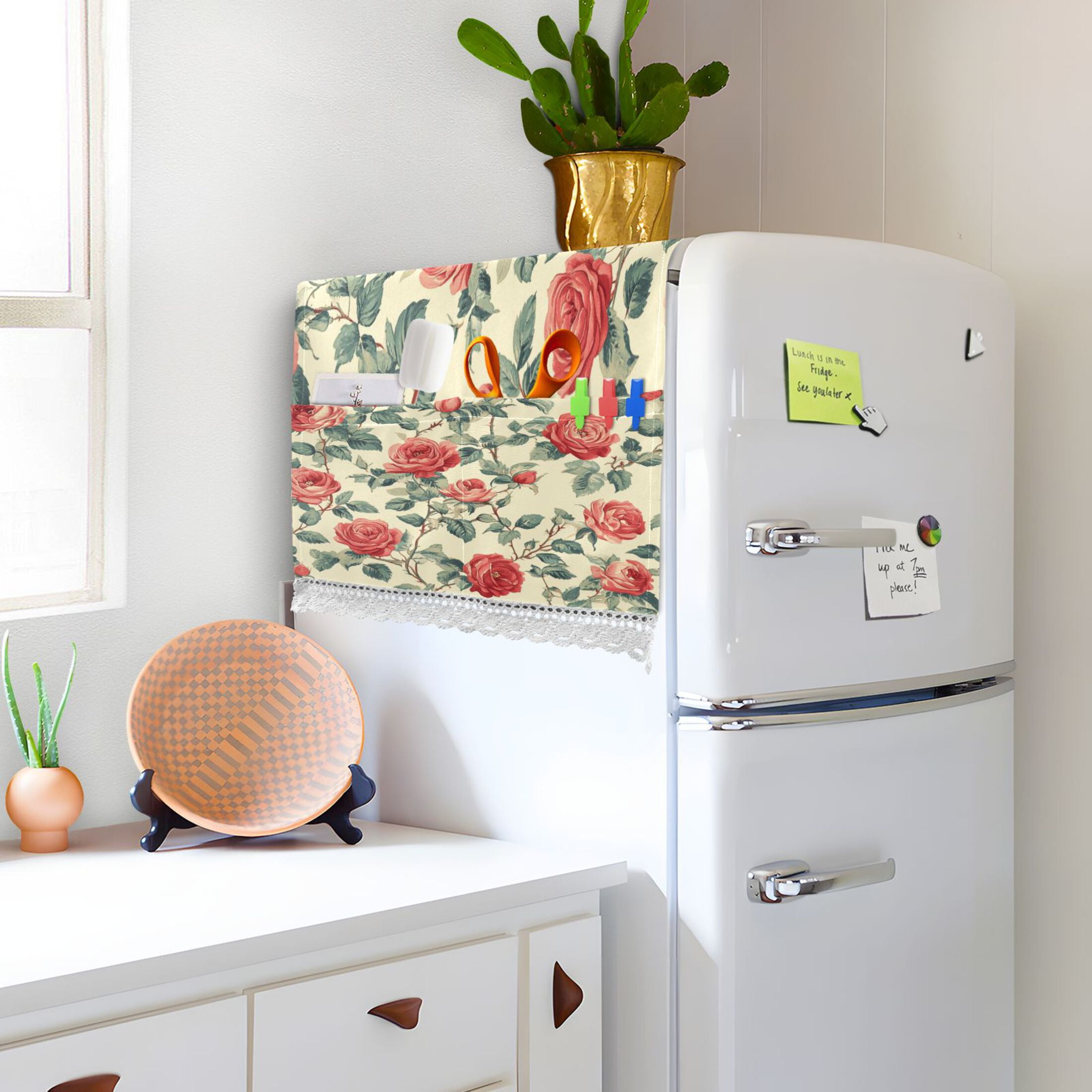 Red RoseWasher and Dryer Covers Dust-Proof and Oil Resistant Fridge Cover with 4 Storage Pockets Washing Machine Top Cover for Laundry Kitchen Home 51.2 x 22 In