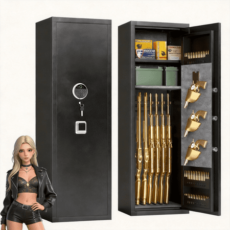 12-13 Gun Safe for Rifles and Pistols Gun Locker Fingerprint Gun Safe Biometric Removable Shelf for Rifles Safes Gun Cabinet Long with Adjustable Shelf 12 D X 14 W X 57 H